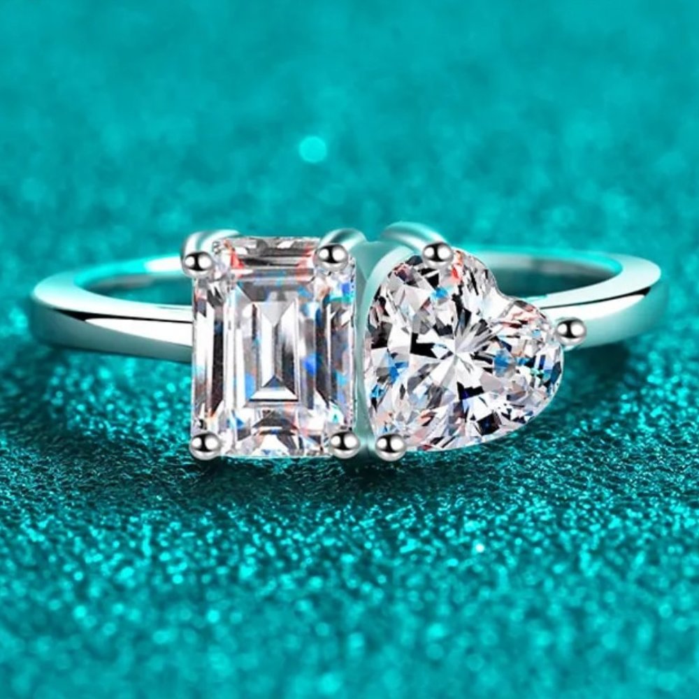 Certified 2 ct. t.w. Moissanite Diamond Emerald & Heart Cut Wedding Ring NEW - Picture 1 of 10